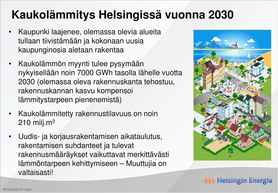 rakennuskannan kasvu kompensoi lämmitystarpeen pienenemistä) Kaukolämmitetty rakennustilavuus on noin 210 milj.