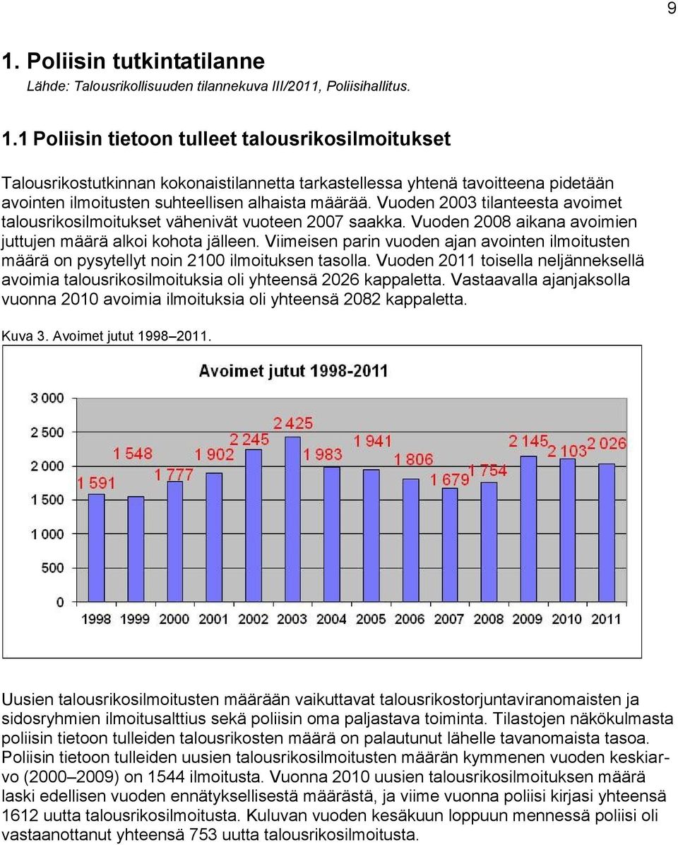 Viimeisen parin vuoden ajan avointen ilmoitusten määrä on pysytellyt noin 2100 ilmoituksen tasolla. Vuoden 2011 toisella neljänneksellä avoimia talousrikosilmoituksia oli yhteensä 2026 kappaletta.