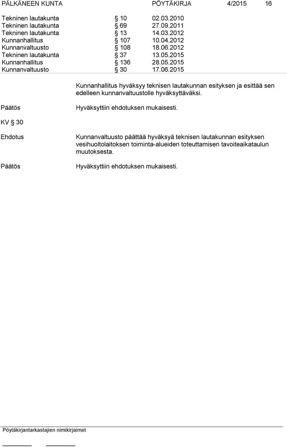 2012 Tekninen lautakunta 37 13.05.2015 Kunnanhallitus 136 28.05.2015 Kunnanvaltuusto 30 17.06.