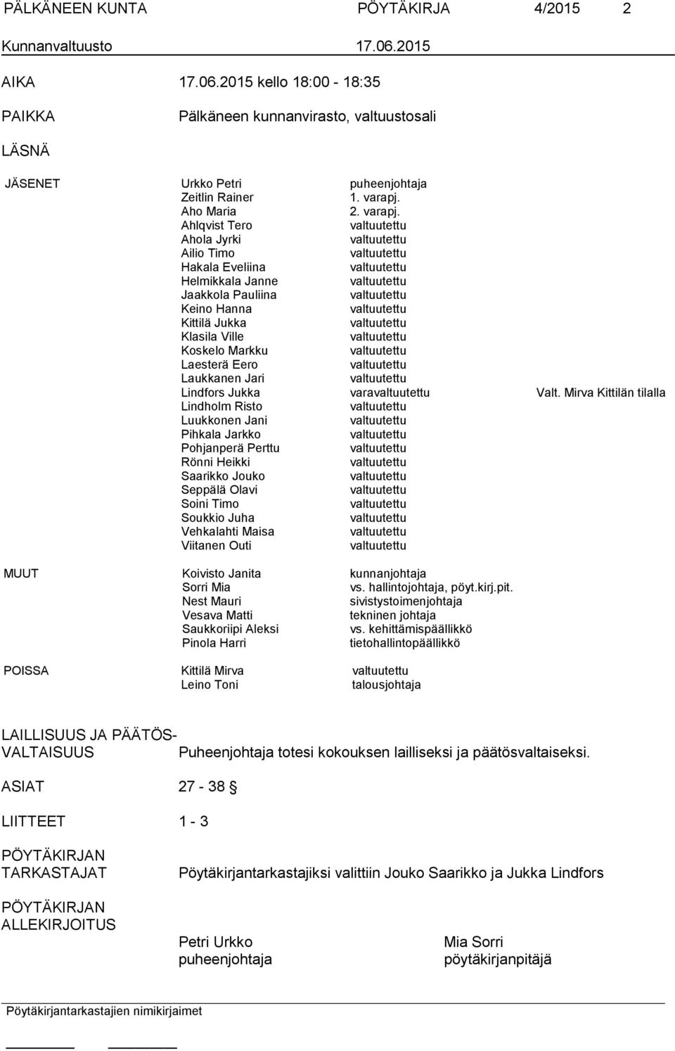 Ahlqvist Tero Ahola Jyrki Ailio Timo Hakala Eveliina Helmikkala Janne Jaakkola Pauliina Keino Hanna Kittilä Jukka Klasila Ville Koskelo Markku Laesterä Eero Laukkanen Jari Lindfors Jukka vara Valt.