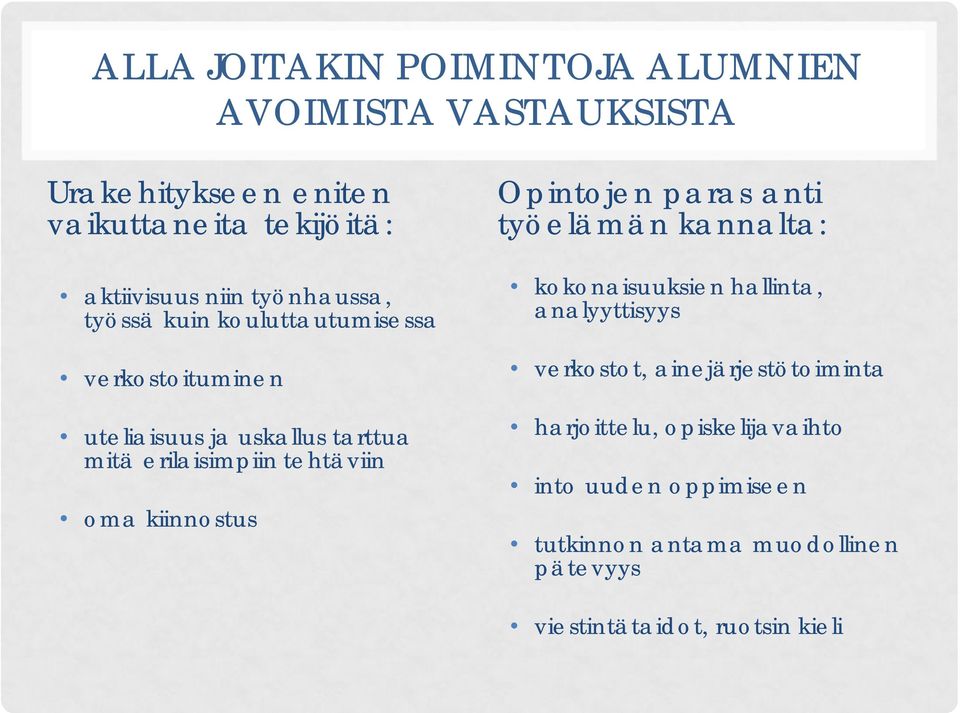 oma kiinnostus Opintojen paras anti työelämän kannalta: kokonaisuuksien hallinta, analyyttisyys verkostot,