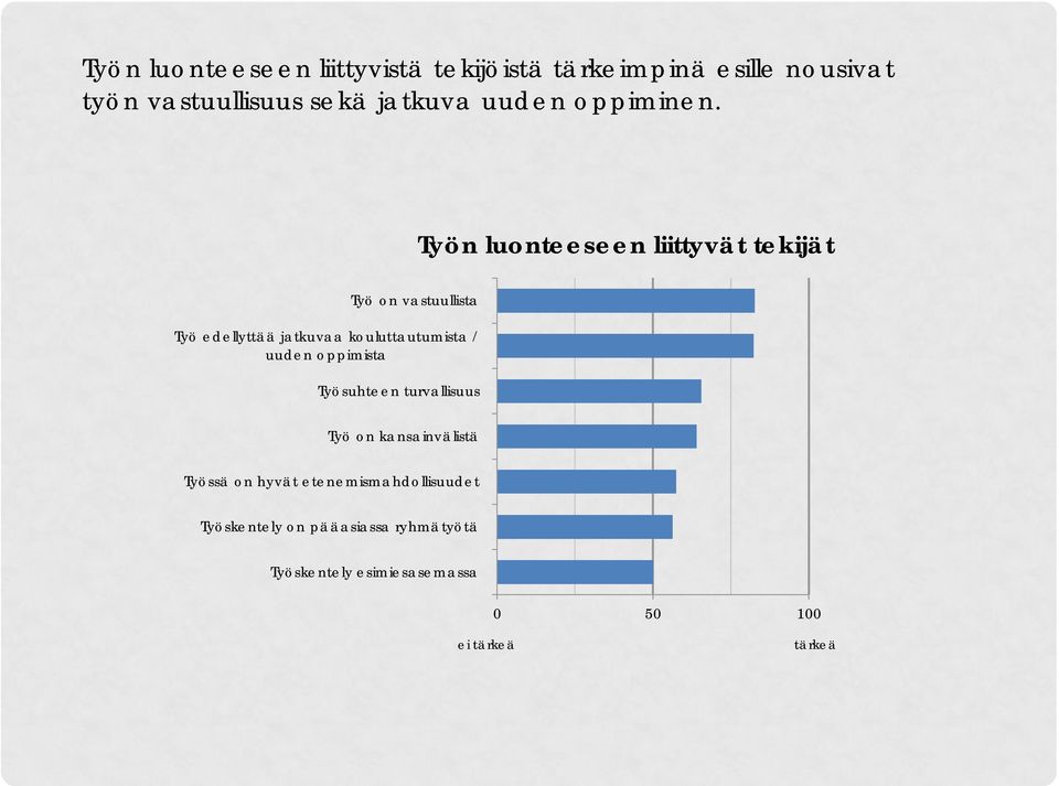 Työn luonteeseen liittyvät tekijät Työ on vastuullista Työ edellyttää jatkuvaa kouluttautumista /