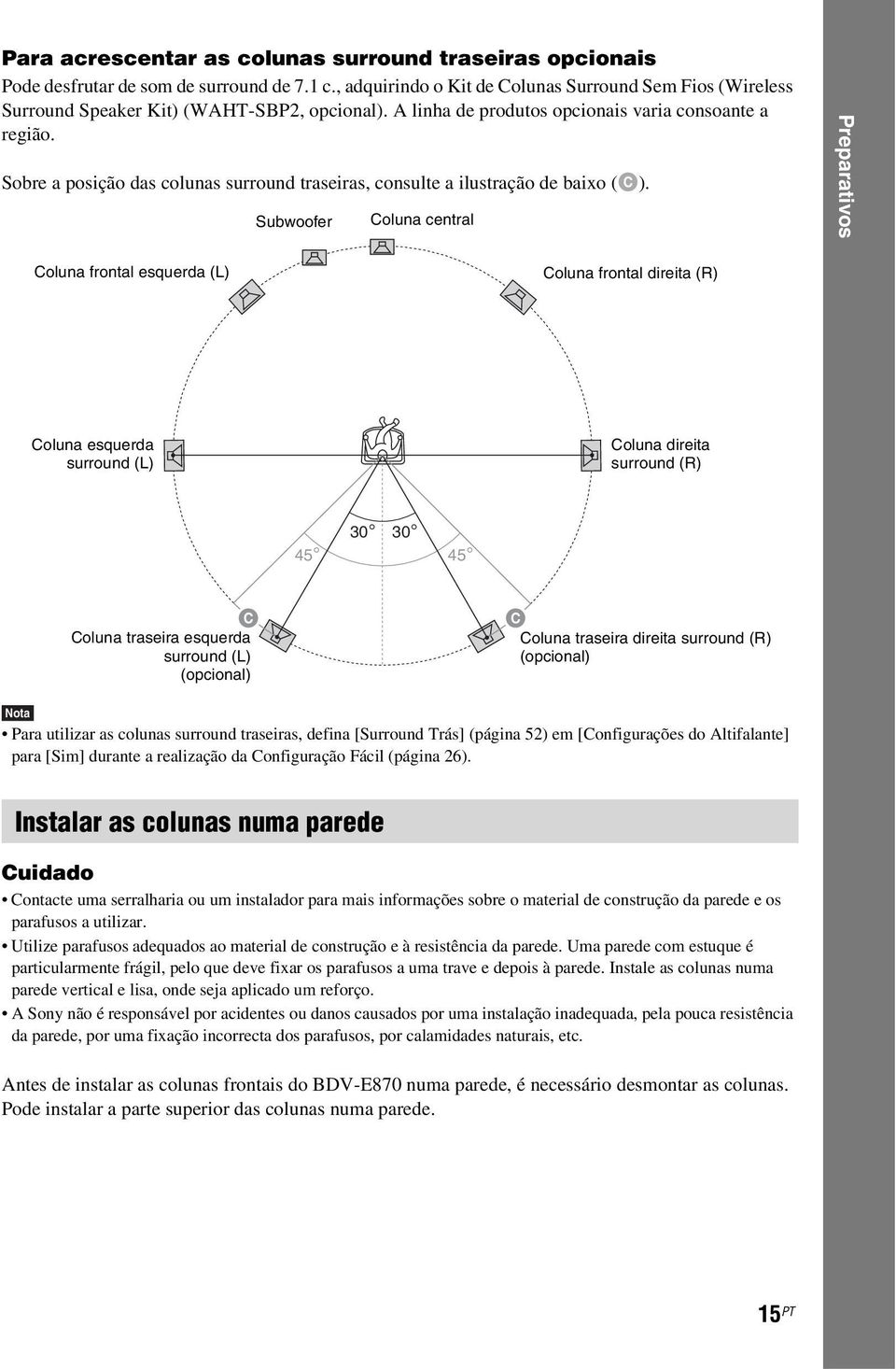 Sobre a posição das colunas surround traseiras, consulte a ilustração de baixo (C).