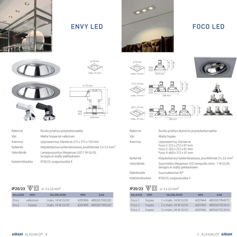 Lamppusuositus Megaman LED 7 W GU10, lamppu ei sisälly pakkaukseen /23, suojausluokka II Runko ja kehys alumiinia ja polykarbonaattia Matta hopea Uppoasennus, tilantarve Foco 1: 272 x 272 x 97 mm