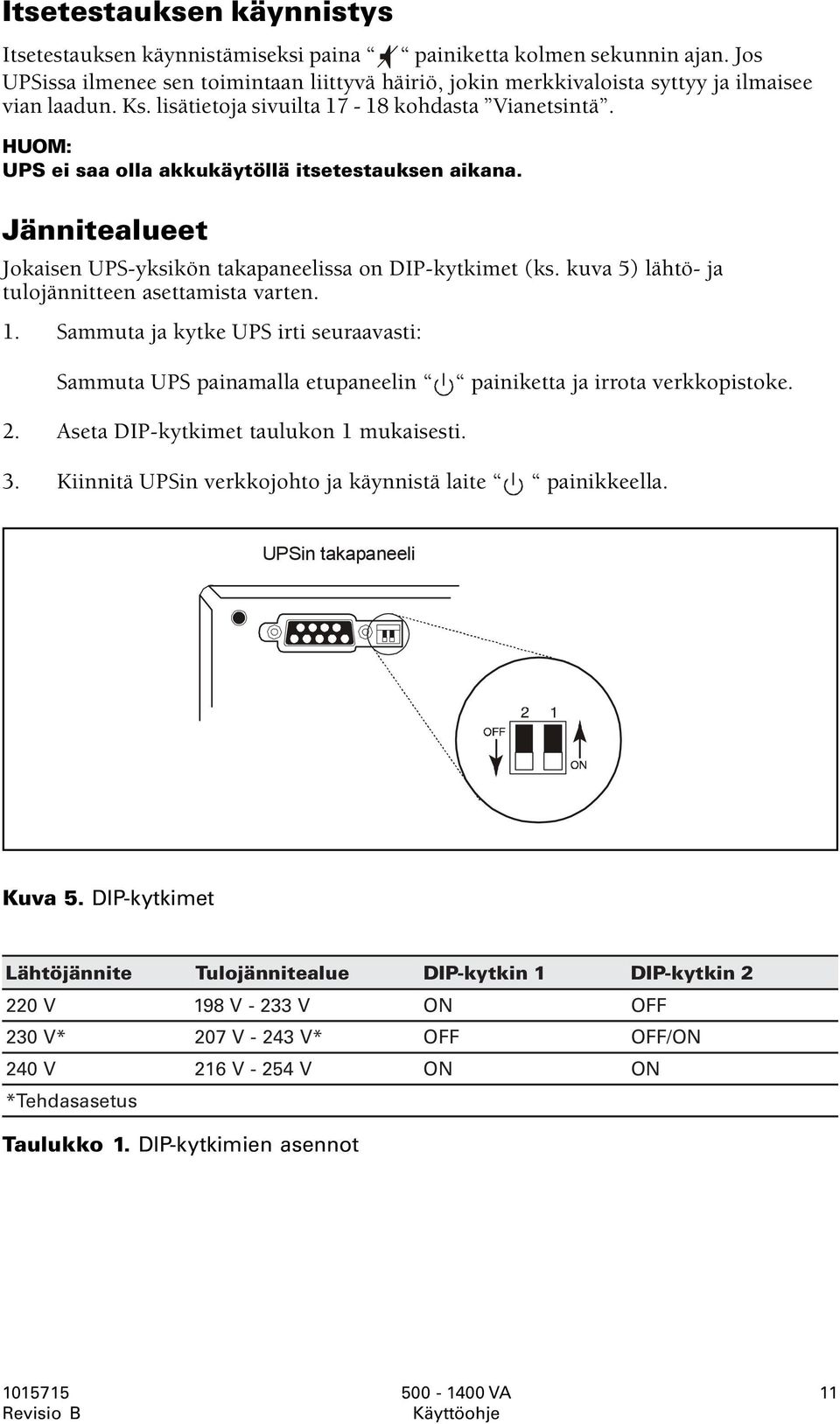 HUOM: UPS ei saa olla akkukäytöllä itsetestauksen aikana. Jännitealueet Jokaisen UPS-yksikön takapaneelissa on DIP-kytkimet (ks. kuva 5) lähtö- ja tulojännitteen asettamista varten. 1.