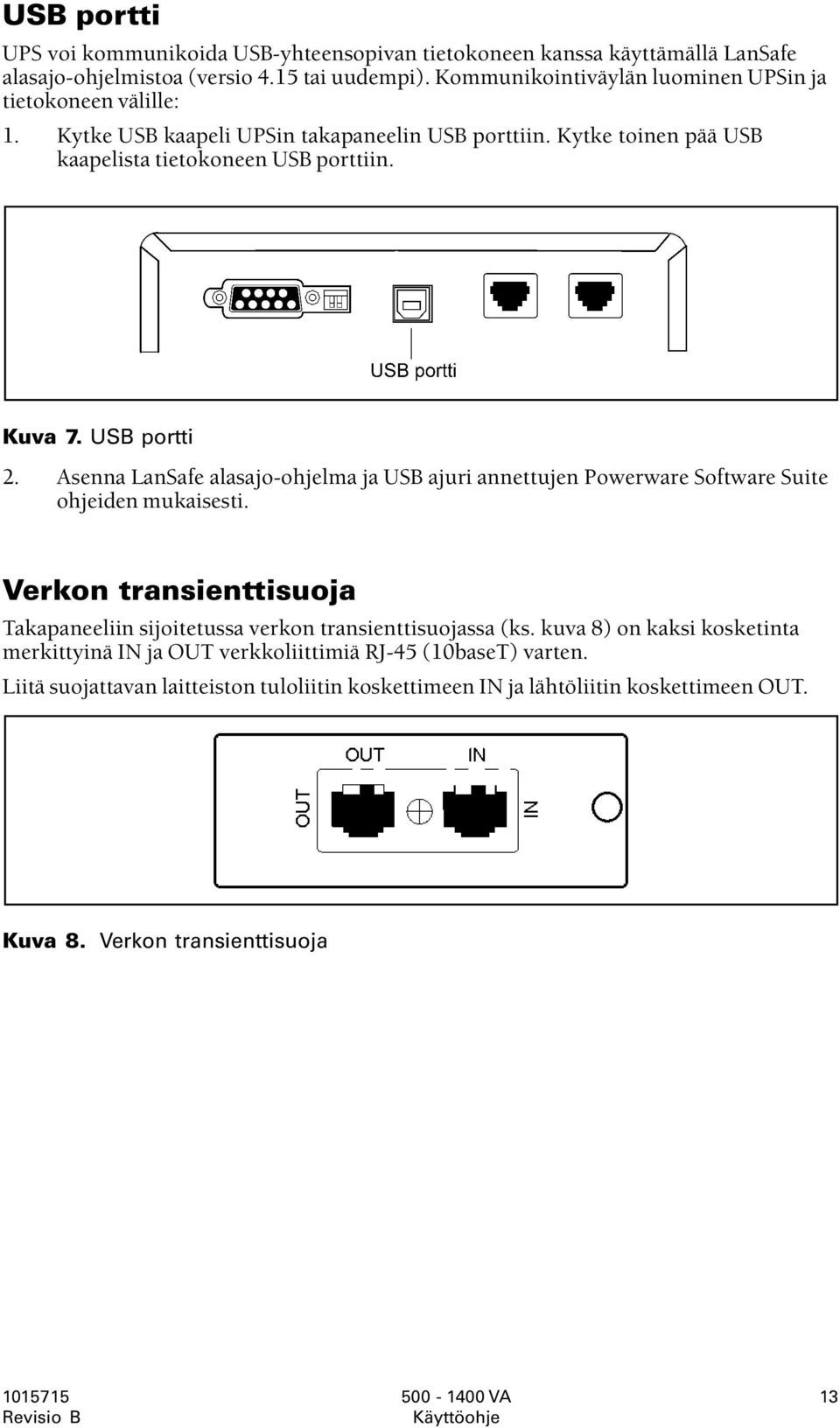 USB portti 2. Asenna LanSafe alasajo-ohjelma ja USB ajuri annettujen Powerware Software Suite ohjeiden mukaisesti.