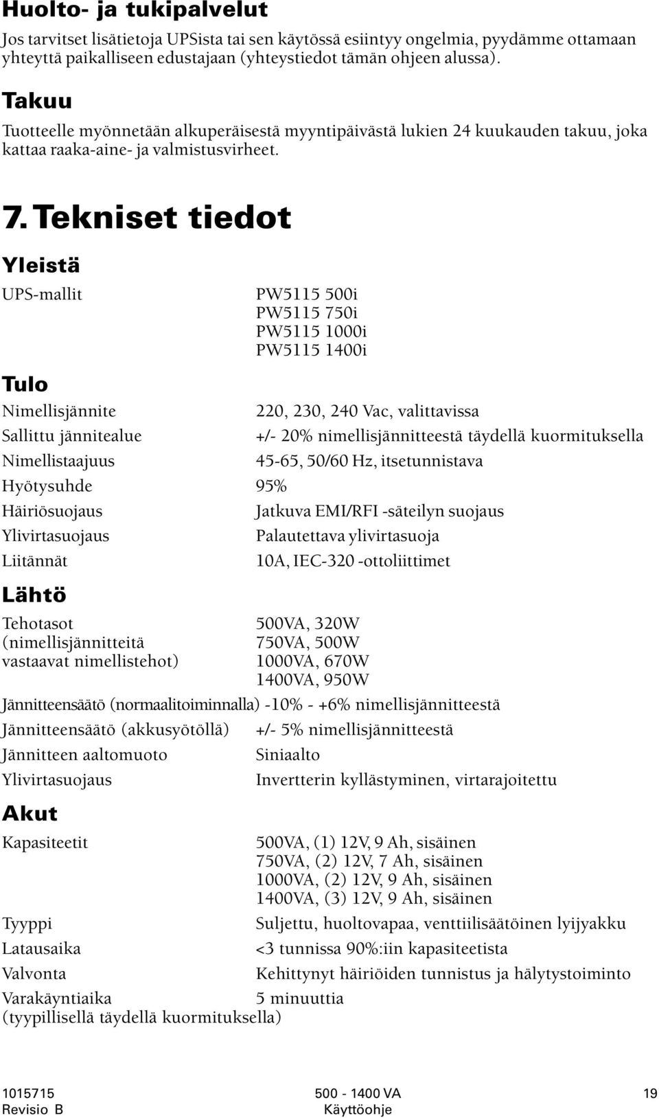 Tekniset tiedot Yleistä UPS-mallit PW5115 500i PW5115 750i PW5115 1000i PW5115 1400i Tulo Nimellisjännite 220, 230, 240 Vac, valittavissa Sallittu jännitealue +/- 20% nimellisjännitteestä täydellä