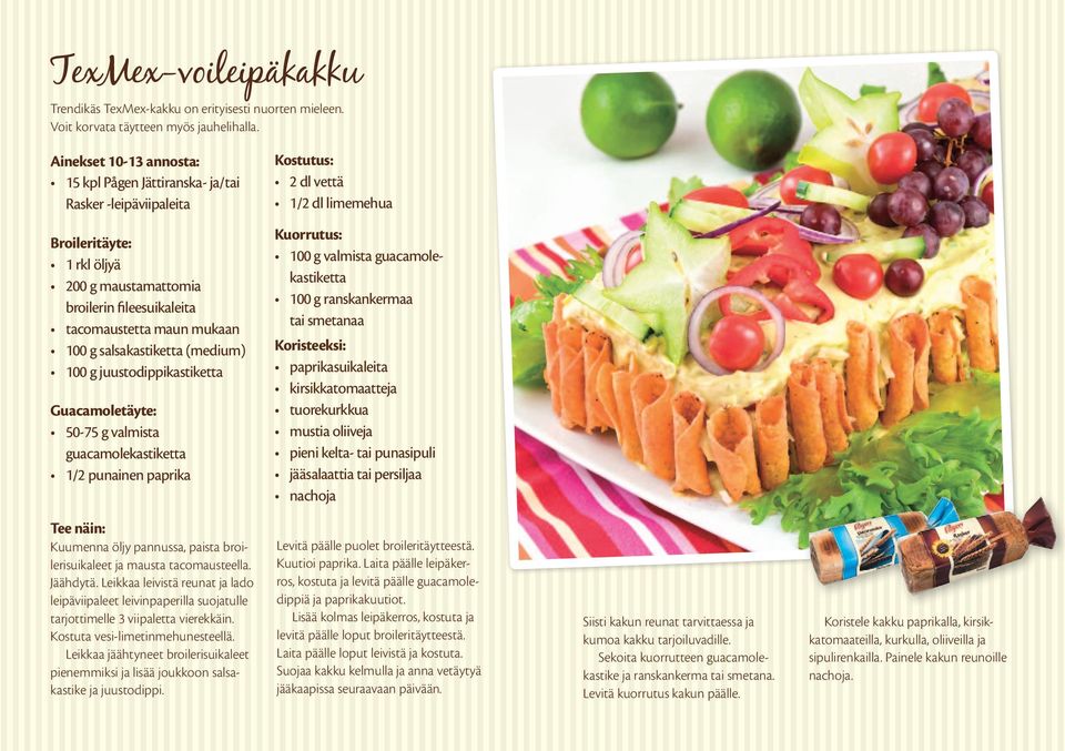 tacomaustetta maun mukaan 100 g salsakastiketta (medium) 100 g juustodippikastiketta Guacamoletäyte: 50-75 g valmista guacamolekastiketta 1/2 punainen paprika Kuorrutus: 100 g valmista