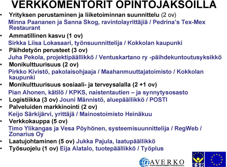 Kivistö, pakolaisohjaaja / Maahanmuuttajatoimisto / Kokkolan kaupunki Monikulttuurisuus sosiaali- ja terveysalalla (2 +1 ov) Pian Ahonen, kätilö / KPKS, naistentautien ja synnytysosasto Logistiikka