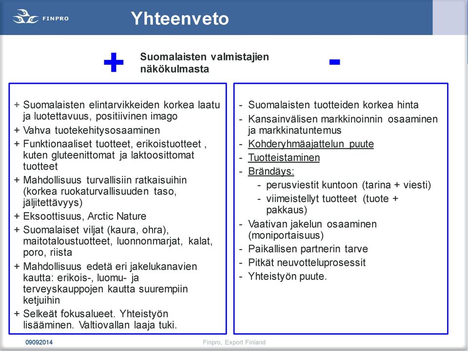 viljat (kaura, ohra), maitotaloustuotteet, luonnonmarjat, kalat, poro, riista + Mahdollisuus edetä eri jakelukanavien kautta: erikois-, luomu- ja terveyskauppojen kautta suurempiin ketjuihin +