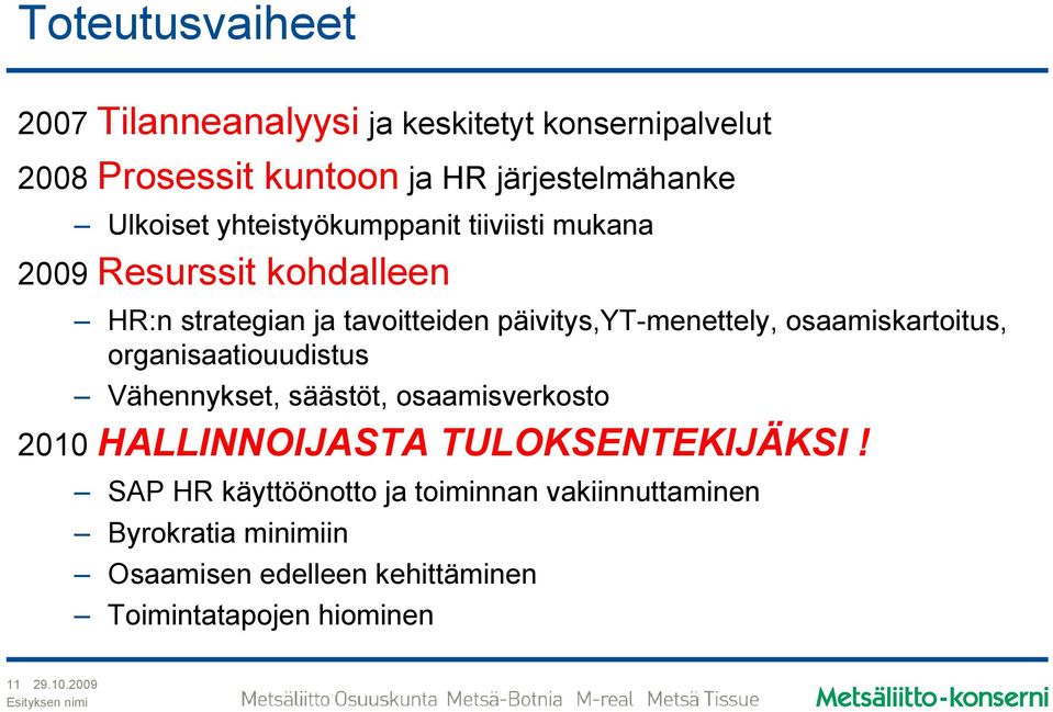 osaamiskartoitus, organisaatiouudistus Vähennykset, säästöt, osaamisverkosto 2010 HALLINNOIJASTA TULOKSENTEKIJÄKSI!