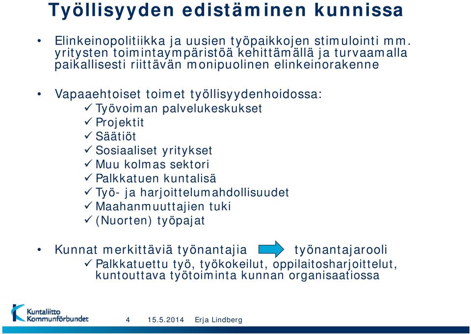 työllisyydenhoidossa: Työvoiman palvelukeskukset Projektit Säätiöt Sosiaaliset yritykset Muu kolmas sektori Palkkatuen kuntalisä Työ- ja