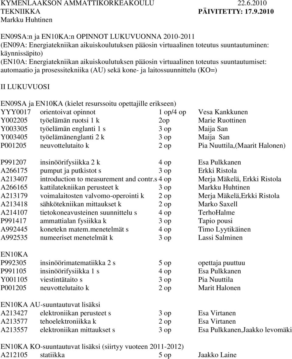 pääosin virtuaalinen toteutus suuntautumiset: automaatio ja prosessitekniika (AU) sekä kone- ja laitossuunnittelu (KO=) II LUKUVUOSI ja (kielet resurssoitu opettajille erikseen) YYY0017 orientoivat