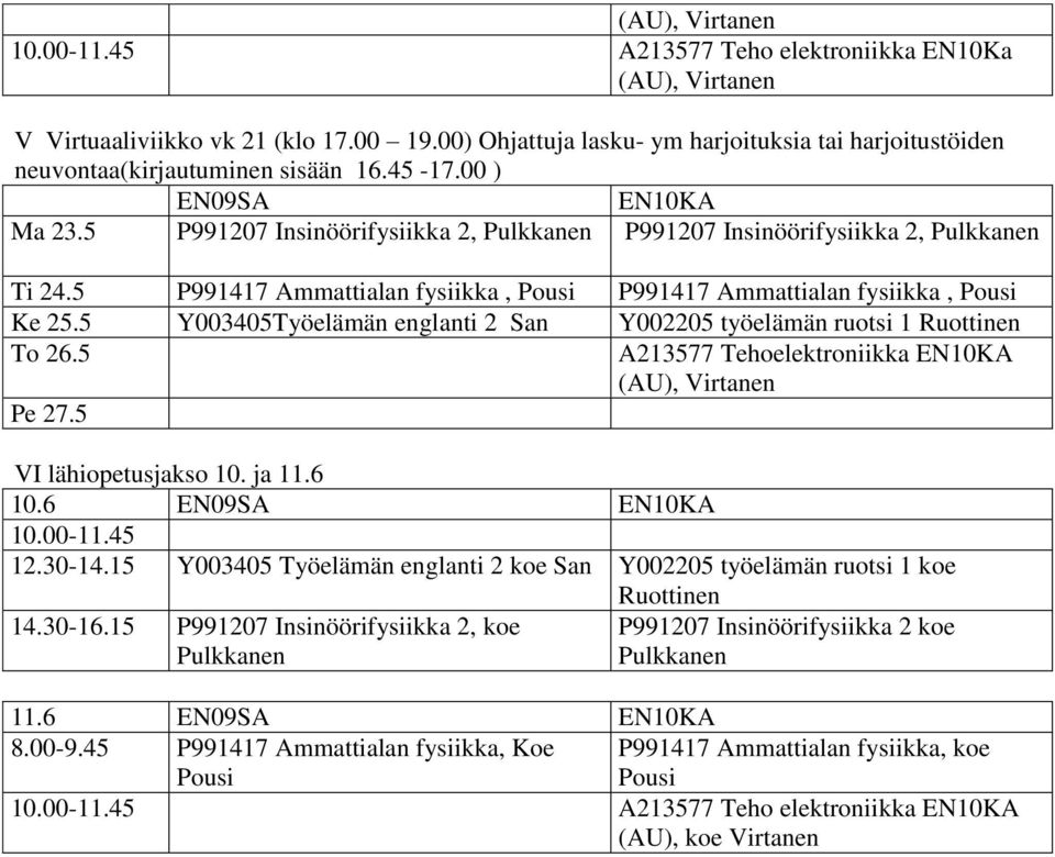 5 P991417 Ammattialan fysiikka, Pousi P991417 Ammattialan fysiikka, Pousi Ke 25.5 Y003405Työelämän englanti 2 San Y002205 työelämän ruotsi 1 Ruottinen To 26.