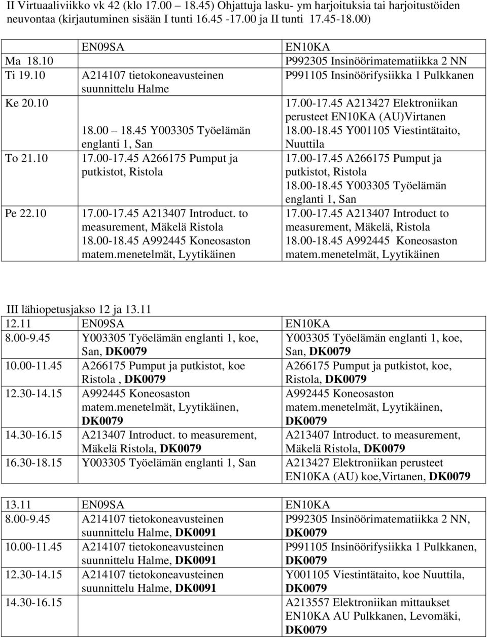 to measurement, Mäkelä Ristola 18.00-18.45 matem.menetelmät, Lyytikäinen P992305 Insinöörimatematiikka 2 NN P991105 Insinöörifysiikka 1 Pulkkanen 17.00-17.