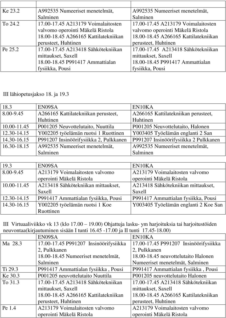 ja 19.3 18.3 8.00-9.45 A266165 Kattilatekniikan perusteet, A266165 Kattilatekniikan perusteet, 10.00-11.45 P001205 Neuvottelutaito, Nuuttila P001205 Neuvottelutaito, Halonen 12.30-14.