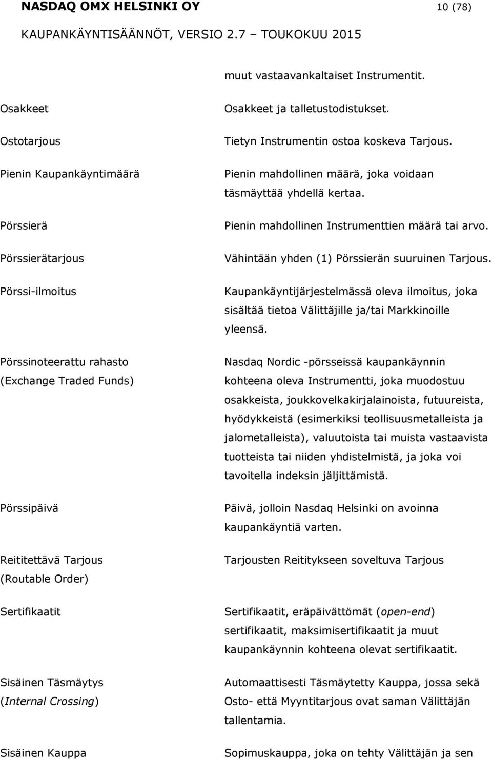 Pörssierätarjus Vähintään yhden (1) Pörssierän suuruinen Tarjus. Pörssi-ilmitus Kaupankäyntijärjestelmässä leva ilmitus, jka sisältää tieta Välittäjille ja/tai Markkinille yleensä.