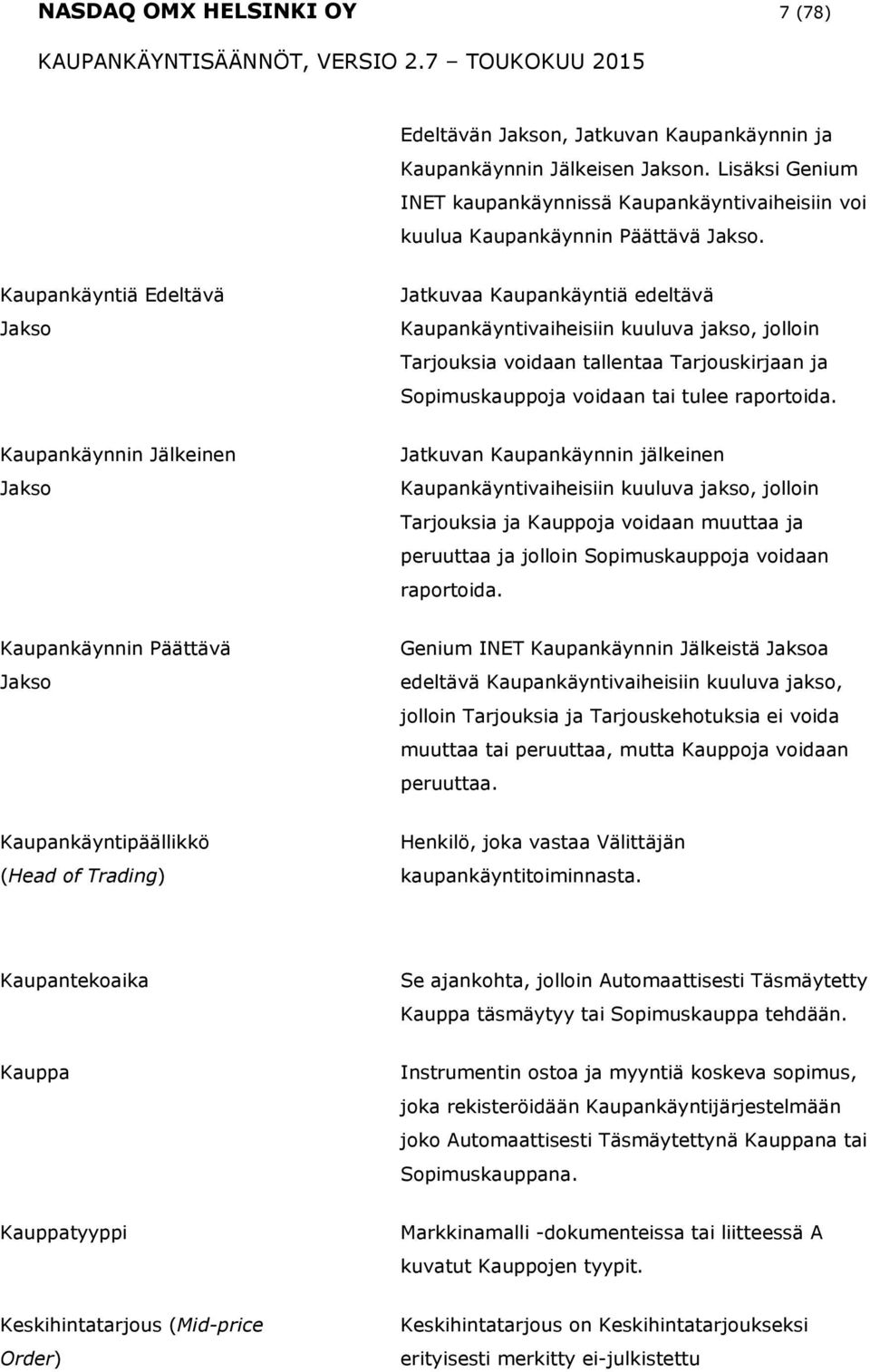 Kaupankäyntiä Edeltävä Jaks Jatkuvaa Kaupankäyntiä edeltävä Kaupankäyntivaiheisiin kuuluva jaks, jllin Tarjuksia vidaan tallentaa Tarjuskirjaan ja Spimuskauppja vidaan tai tulee raprtida.