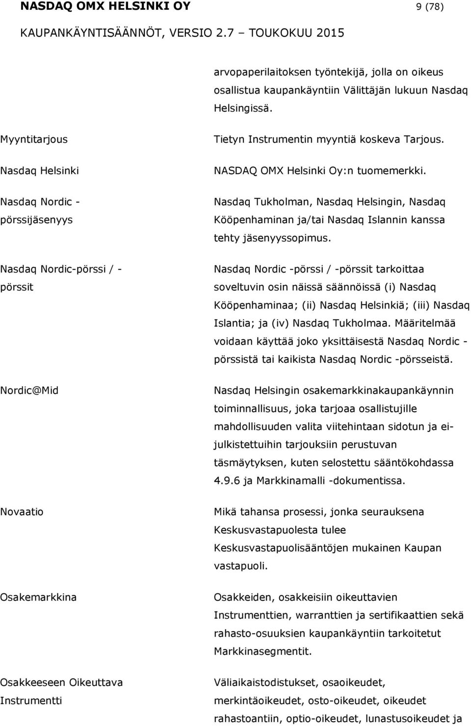 Nasdaq Nrdic-pörssi / - pörssit Nasdaq Nrdic -pörssi / -pörssit tarkittaa sveltuvin sin näissä säännöissä (i) Nasdaq Kööpenhaminaa; (ii) Nasdaq Helsinkiä; (iii) Nasdaq Islantia; ja (iv) Nasdaq