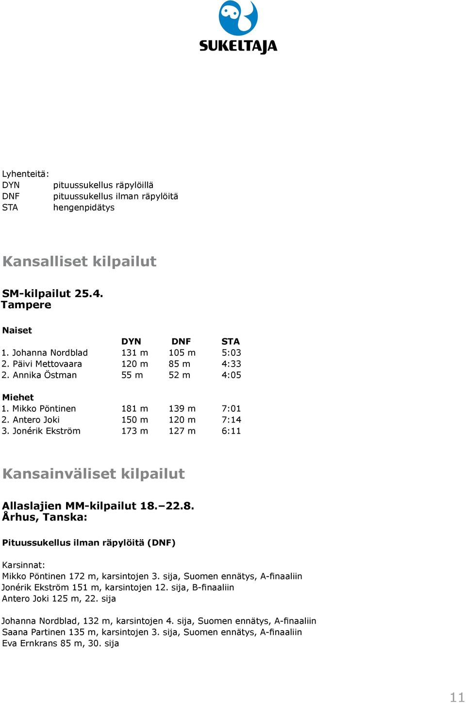 Jonérik Ekström 173 m 127 m 6:11 Kansainväliset kilpailut Allaslajien MM-kilpailut 18. 22.8. Århus, Tanska: Pituussukellus ilman räpylöitä (DNF) Karsinnat: Mikko Pöntinen 172 m, karsintojen 3.