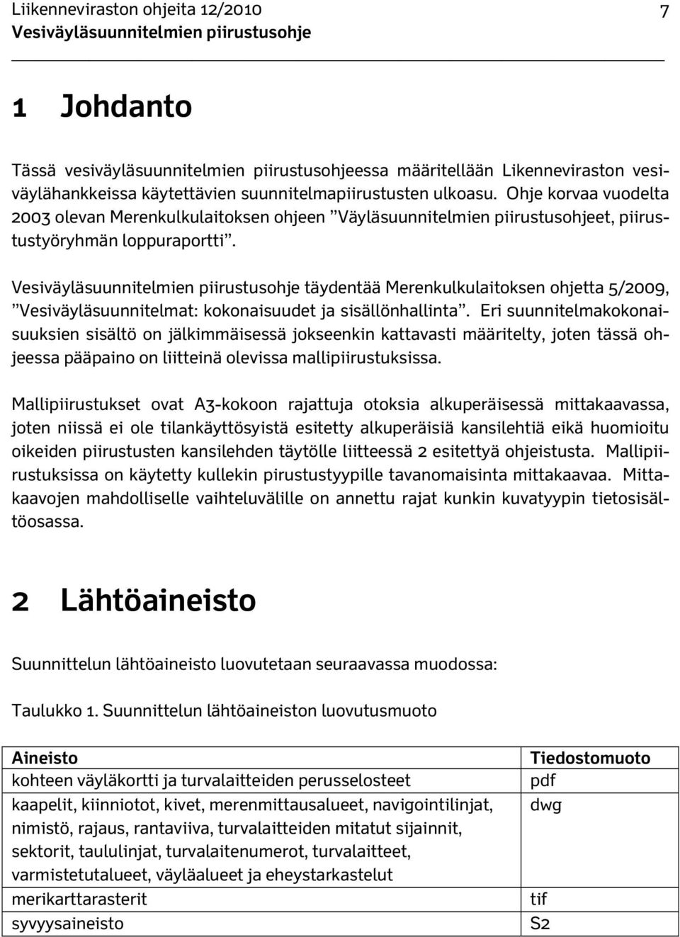 Vesiväyläsuunnitelmien piirustusohje täydentää Merenkulkulaitoksen ohjetta 5/2009, Vesiväyläsuunnitelmat: kokonaisuudet ja sisällönhallinta.