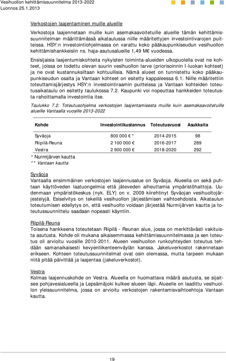 Ensisijaisia laajentumiskohteita nykyisten toiminta-alueiden ulkopuolella ovat ne kohteet, joissa on todettu olevan suurin vesihuollon tarve (priorisoinnin I-luokan kohteet) ja ne ovat