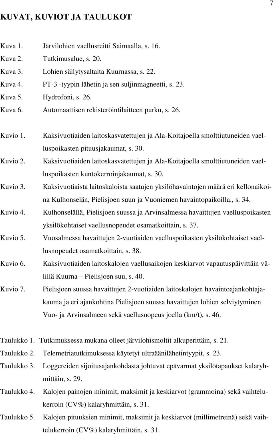 Kaksivuotiaiden laitoskasvatettujen ja Ala-Koitajoella smolttiutuneiden vaelluspoikasten pituusjakaumat, s. 30.