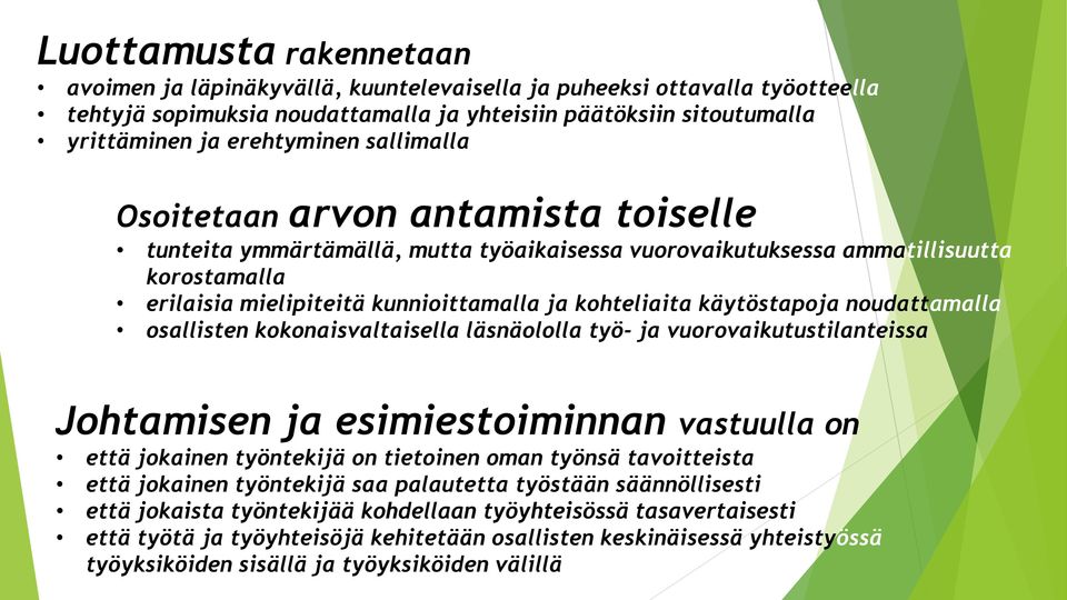 käytöstapoja noudattamalla osallisten kokonaisvaltaisella läsnäololla työ- ja vuorovaikutustilanteissa Johtamisen ja esimiestoiminnan vastuulla on että jokainen työntekijä on tietoinen oman työnsä