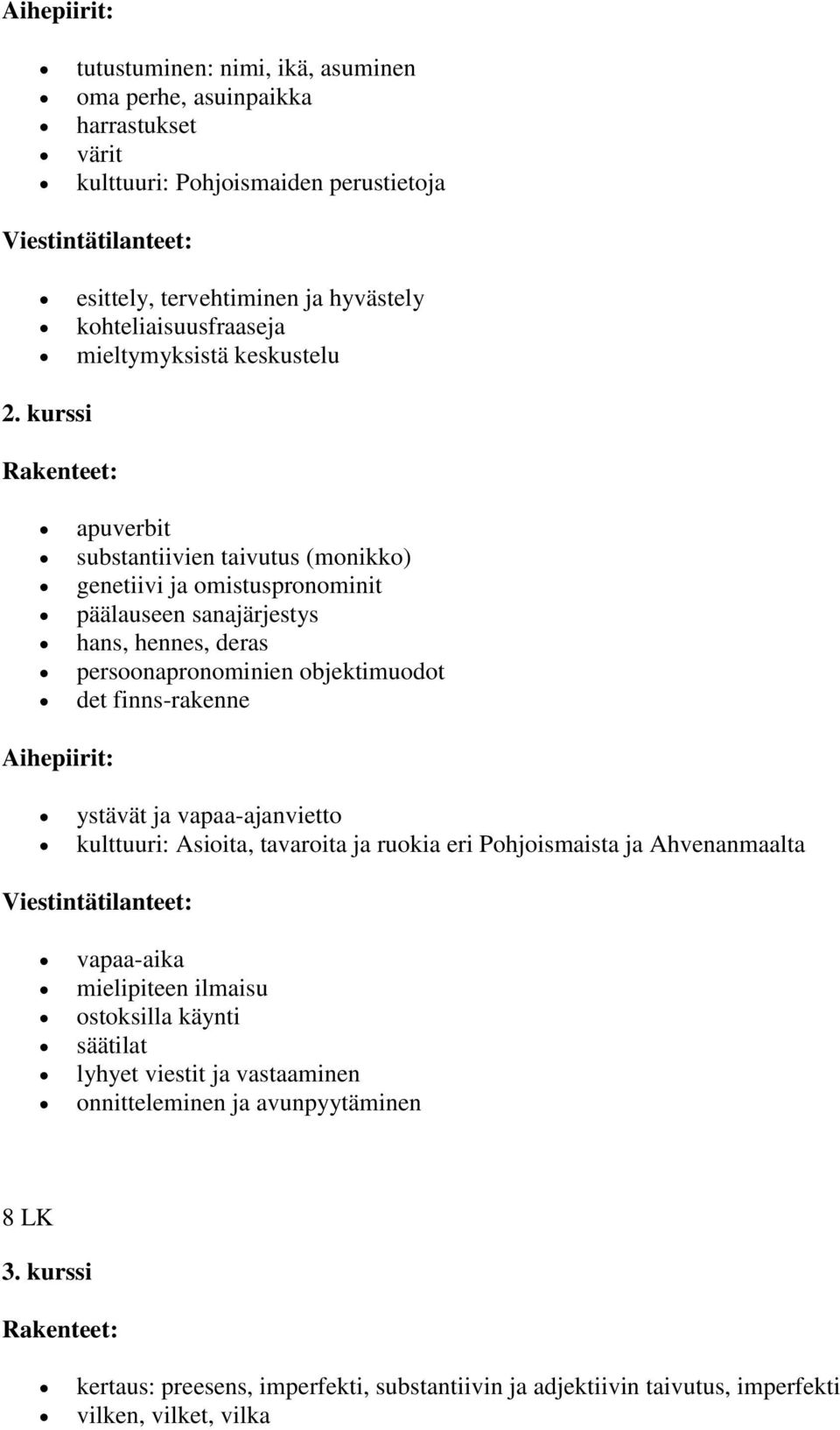 kurssi apuverbit substantiivien taivutus (monikko) genetiivi ja omistuspronominit päälauseen sanajärjestys hans, hennes, deras persoonapronominien objektimuodot det finns-rakenne