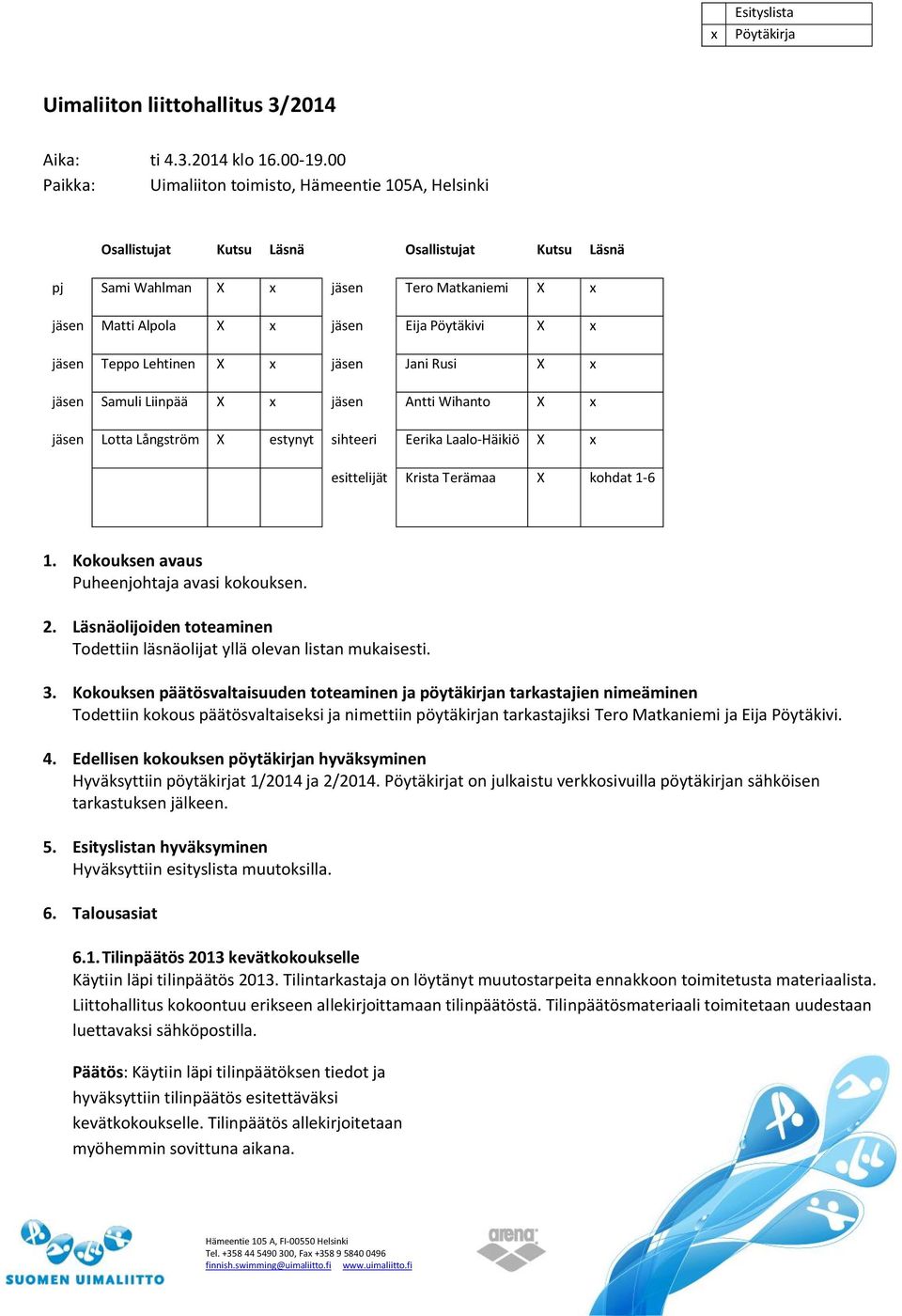 x jäsen Teppo Lehtinen X x jäsen Jani Rusi X x jäsen Samuli Liinpää X x jäsen Antti Wihanto X x jäsen Lotta Långström X estynyt sihteeri Eerika Laalo-Häikiö X x esittelijät Krista Terämaa X kohdat