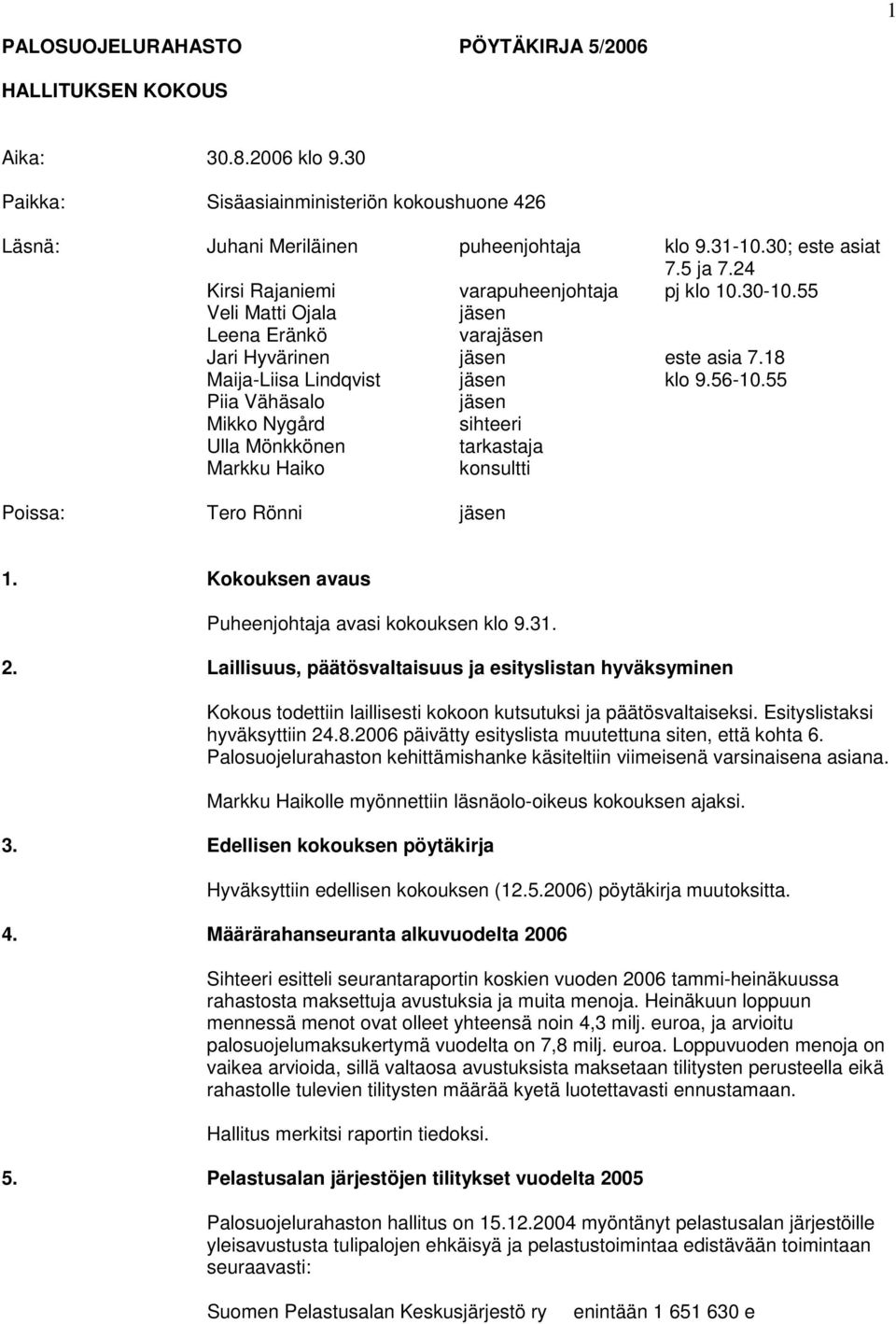 55 Piia Vähäsalo jäsen Mikko Nygård sihteeri Ulla Mönkkönen tarkastaja Markku Haiko konsultti Poissa: Tero Rönni jäsen 1. Kokouksen avaus Puheenjohtaja avasi kokouksen klo 9.31. 2.