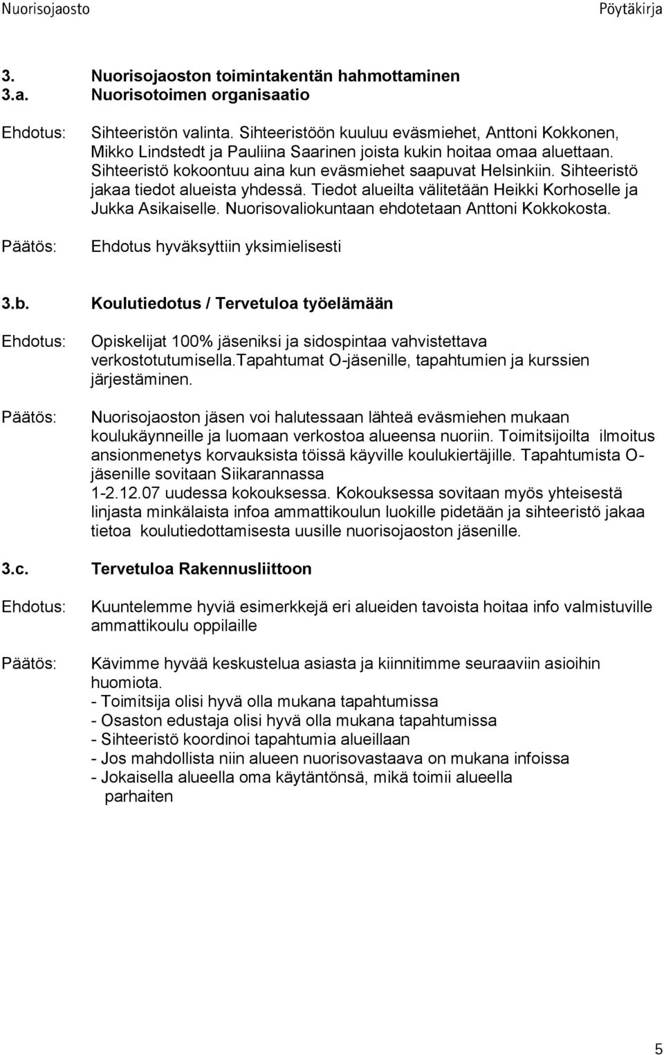 Sihteeristö jakaa tiedot alueista yhdessä. Tiedot alueilta välitetään Heikki Korhoselle ja Jukka Asikaiselle. Nuorisovaliokuntaan ehdotetaan Anttoni Kokkokosta. Ehdotus hyväksyttiin yksimielisesti 3.