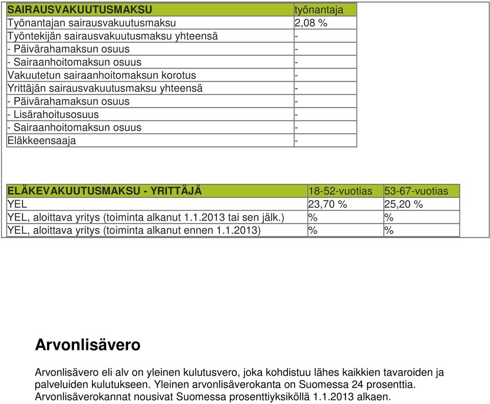 18-52-vuotias 53-67-vuotias YEL 23,70 % 25,20 % YEL, aloittava yritys (toiminta alkanut 1.1.2013 tai sen jälk.) % % YEL, aloittava yritys (toiminta alkanut ennen 1.1.2013) % % Arvonlisävero Arvonlisävero eli alv on yleinen kulutusvero, joka kohdistuu lähes kaikkien tavaroiden ja palveluiden kulutukseen.