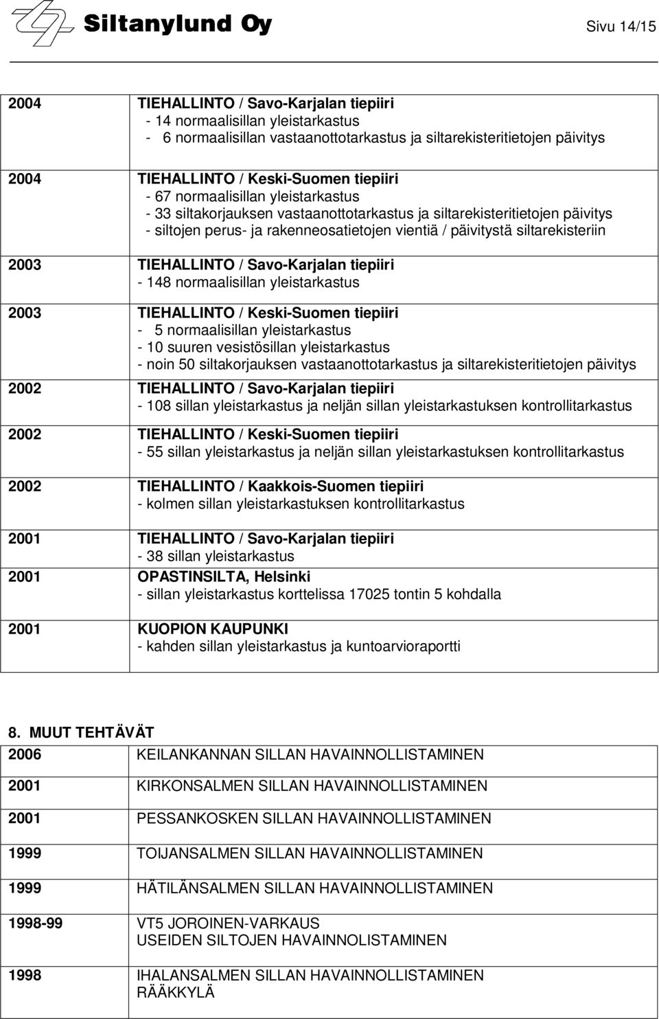 2003 TIEHALLINTO / Savo-Karjalan tiepiiri - 148 normaalisillan yleistarkastus 2003 TIEHALLINTO / Keski-Suomen tiepiiri - 5 normaalisillan yleistarkastus - 10 suuren vesistösillan yleistarkastus -