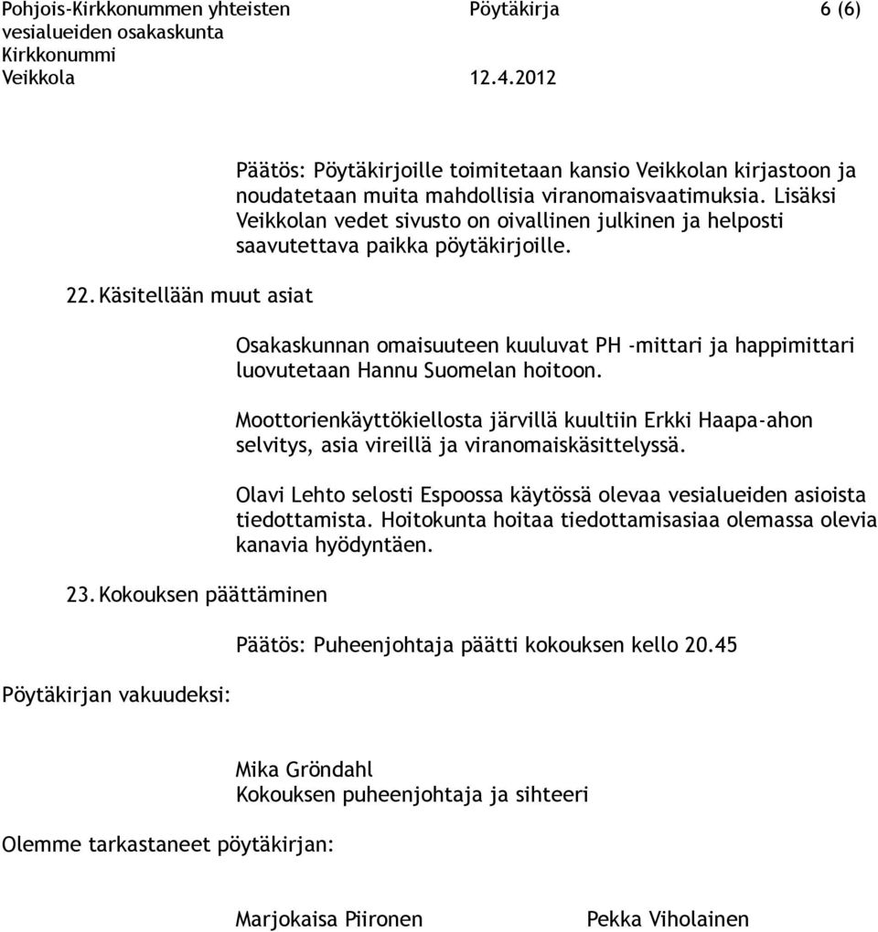 Lisäksi Veikkolan vedet sivusto on oivallinen julkinen ja helposti saavutettava paikka pöytäkirjoille. Osakaskunnan omaisuuteen kuuluvat PH -mittari ja happimittari luovutetaan Hannu Suomelan hoitoon.