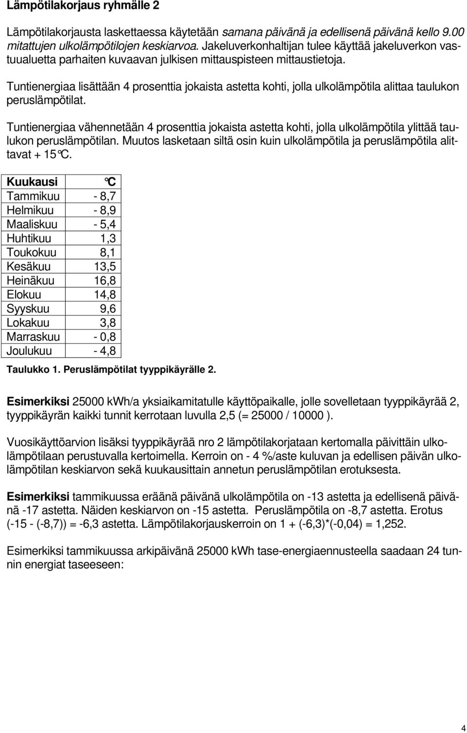 Tuntienergiaa lisättään 4 prosenttia jokaista astetta kohti, jolla ulkolämpötila alittaa taulukon peruslämpötilat.