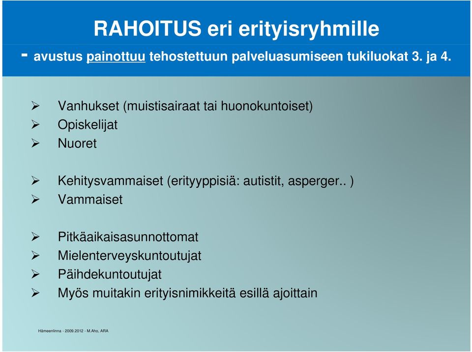 Vanhukset (muistisairaat tai huonokuntoiset) Opiskelijat Nuoret Kehitysvammaiset i t