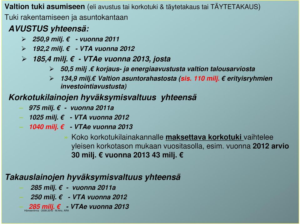 erityisryhmien investointiavustusta) i ti t t Korkotukilainojen hyväksymisvaltuus yhteensä 975 milj. - vuonna 2011a 1025 milj. - VTA vuonna 2012 1040 milj.