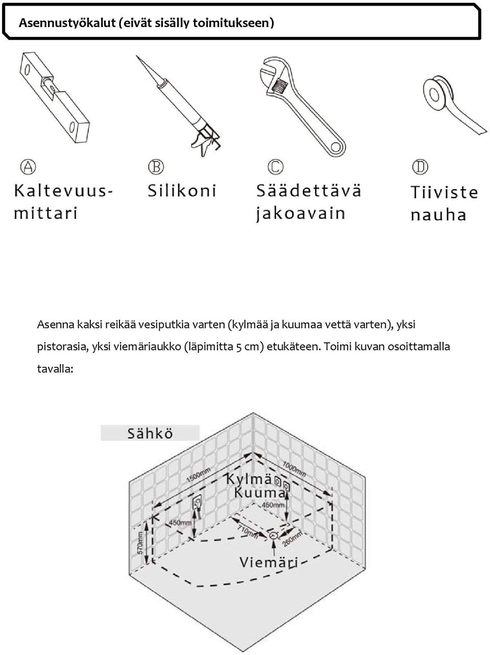 vettä varten), yksi pistorasia, yksi viemäriaukko