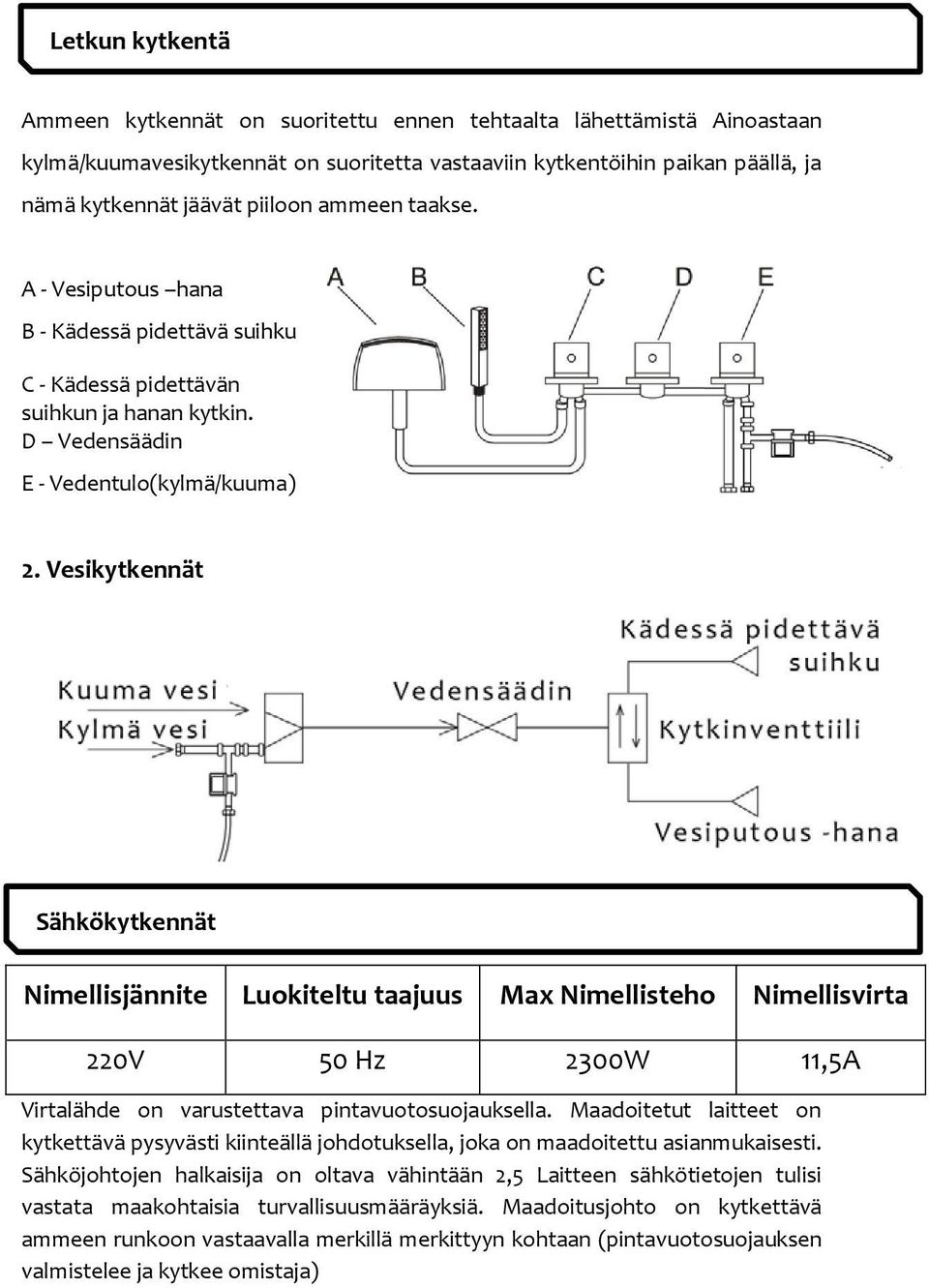 Vesikytkennät Sähkökytkennät Nimellisjännite Luokiteltu taajuus Max Nimellisteho Nimellisvirta 220V 50 Hz 2300W 11,5A Virtalähde on varustettava pintavuotosuojauksella.