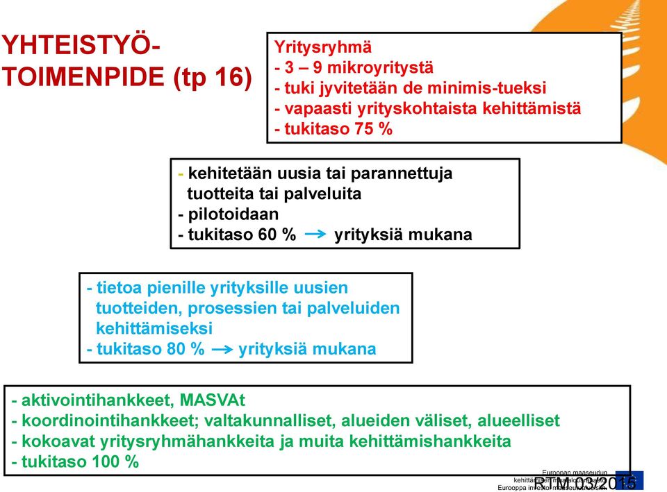 yrityksille uusien tuotteiden, prosessien tai palveluiden kehittämiseksi - tukitaso 80 % yrityksiä mukana - aktivointihankkeet, MASVAt -