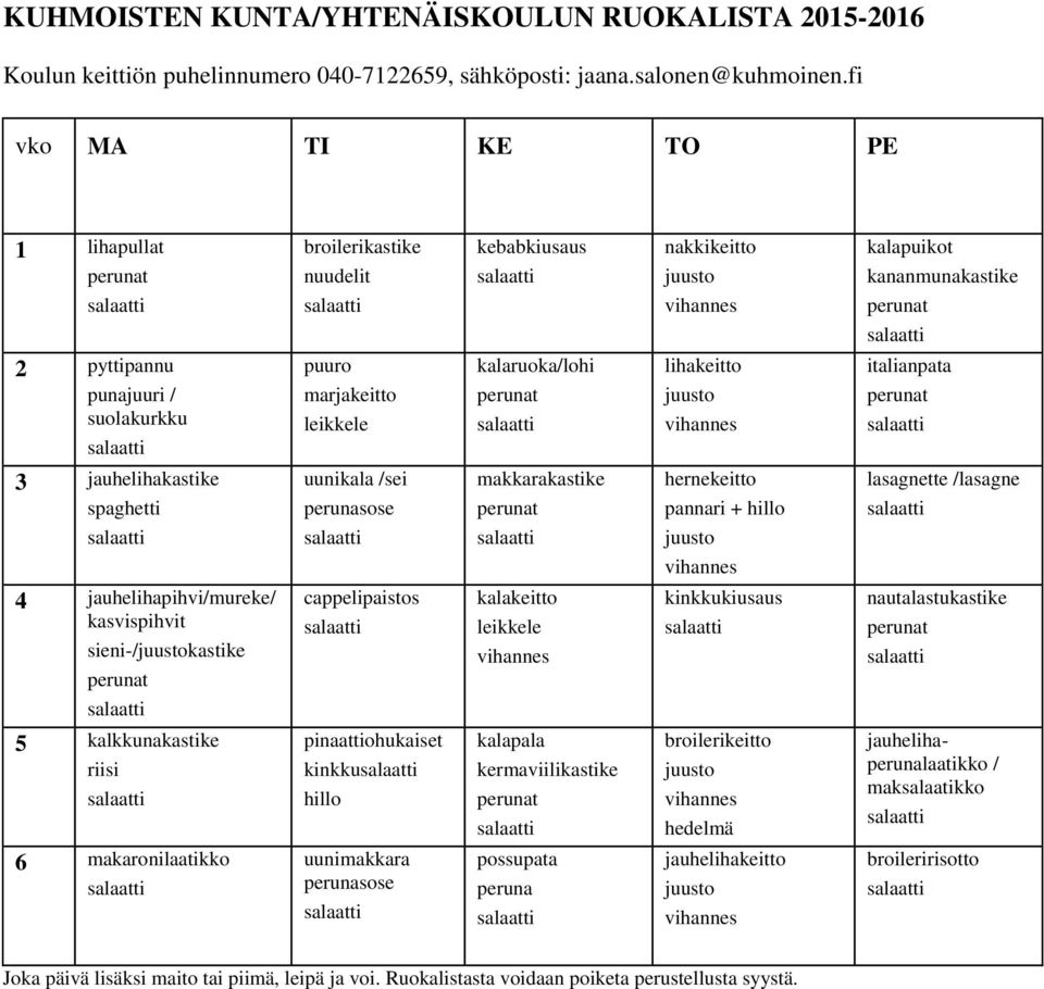 kalaruoka/lohi lihakeitto juusto vihannes italianpata 3 jauhelihakastike spaghetti uunikala /sei perunasose makkarakastike hernekeitto pannari + hillo juusto vihannes lasagnette /lasagne 4