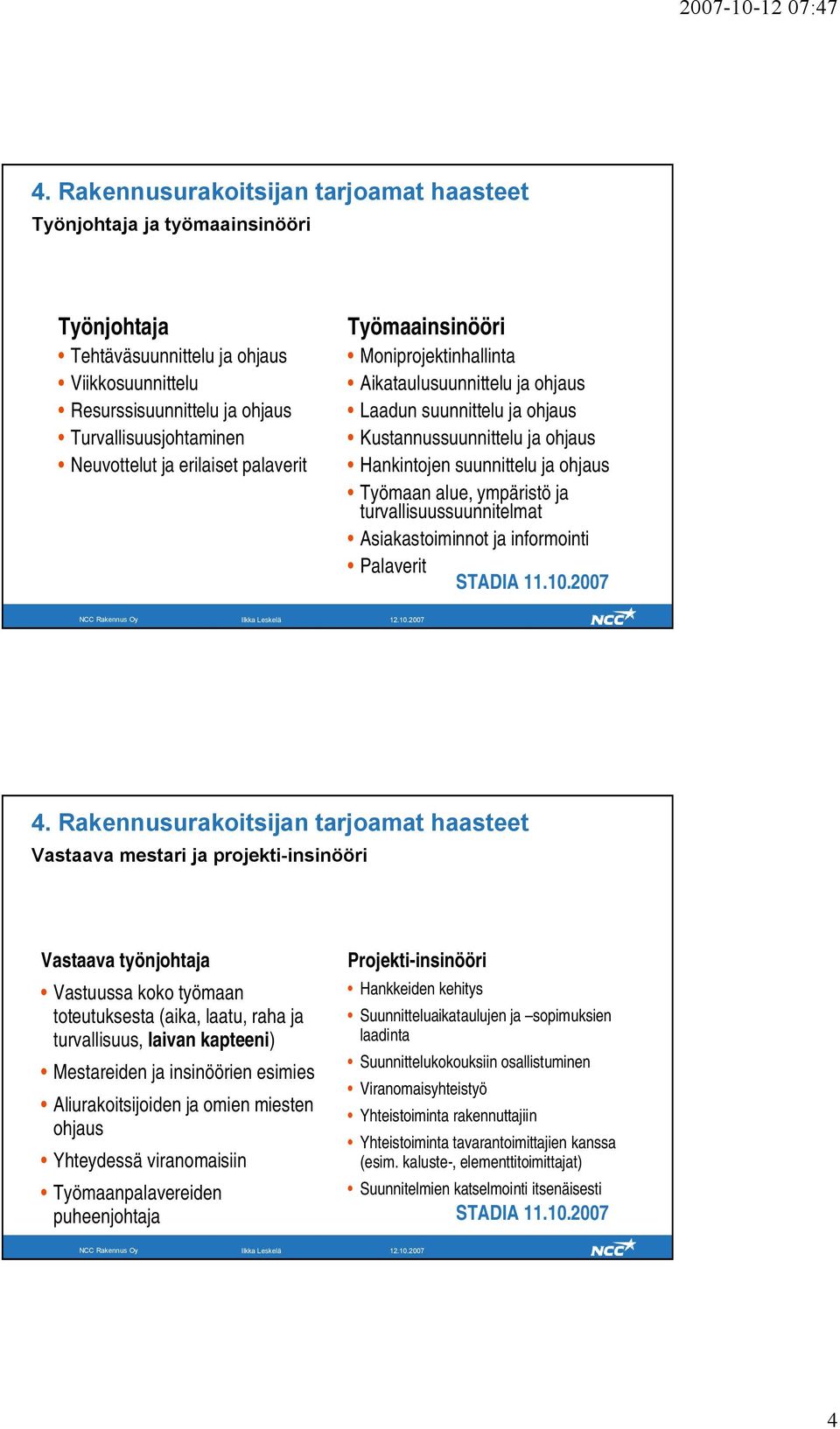 Asiakastoiminnot ja informointi Palaverit Vastaava mestari ja projekti-insinööri Vastaava työnjohtaja Vastuussa koko työmaan toteutuksesta (aika, laatu, raha ja turvallisuus, laivan kapteeni)