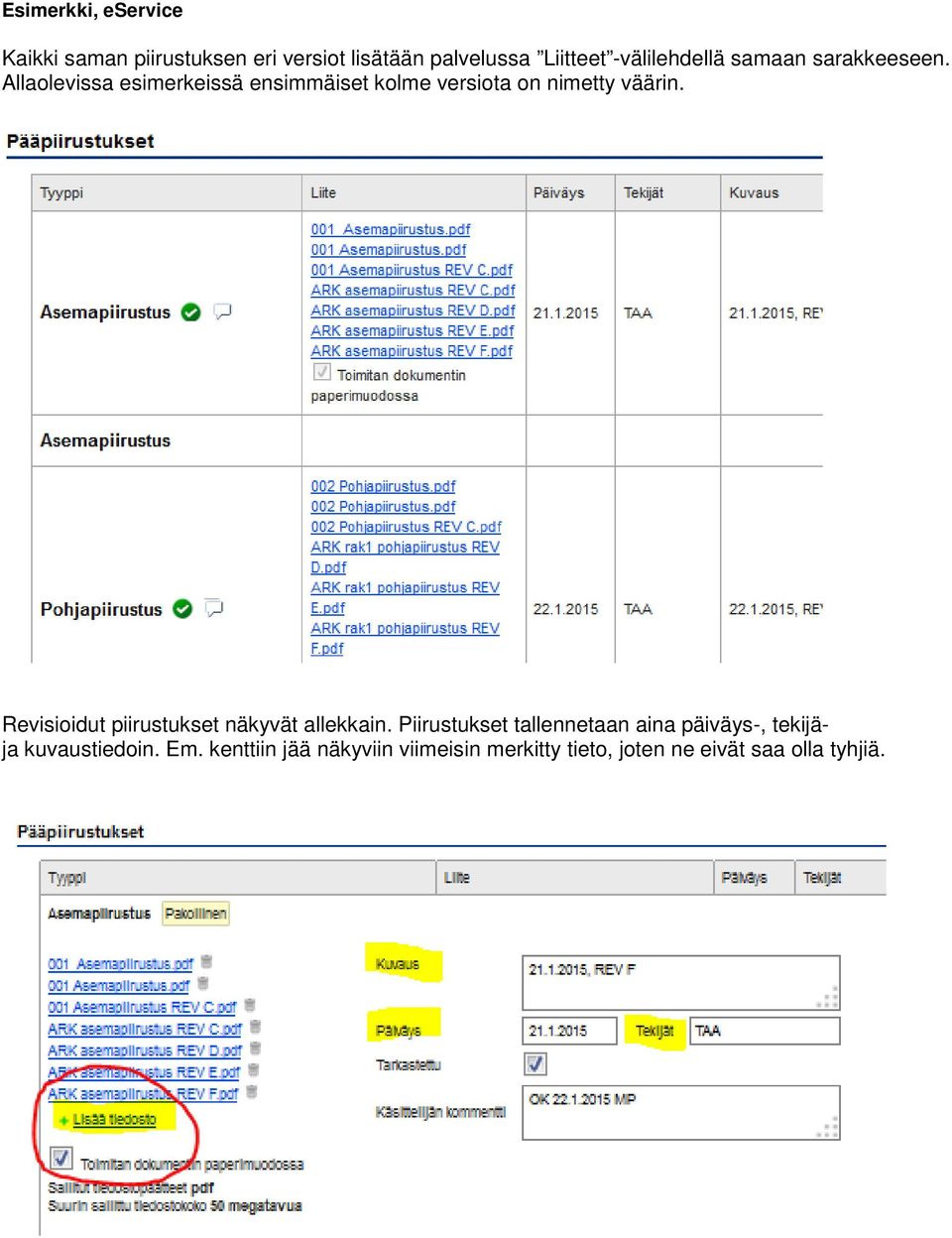 Allaolevissa esimerkeissä ensimmäiset kolme versiota on nimetty väärin.