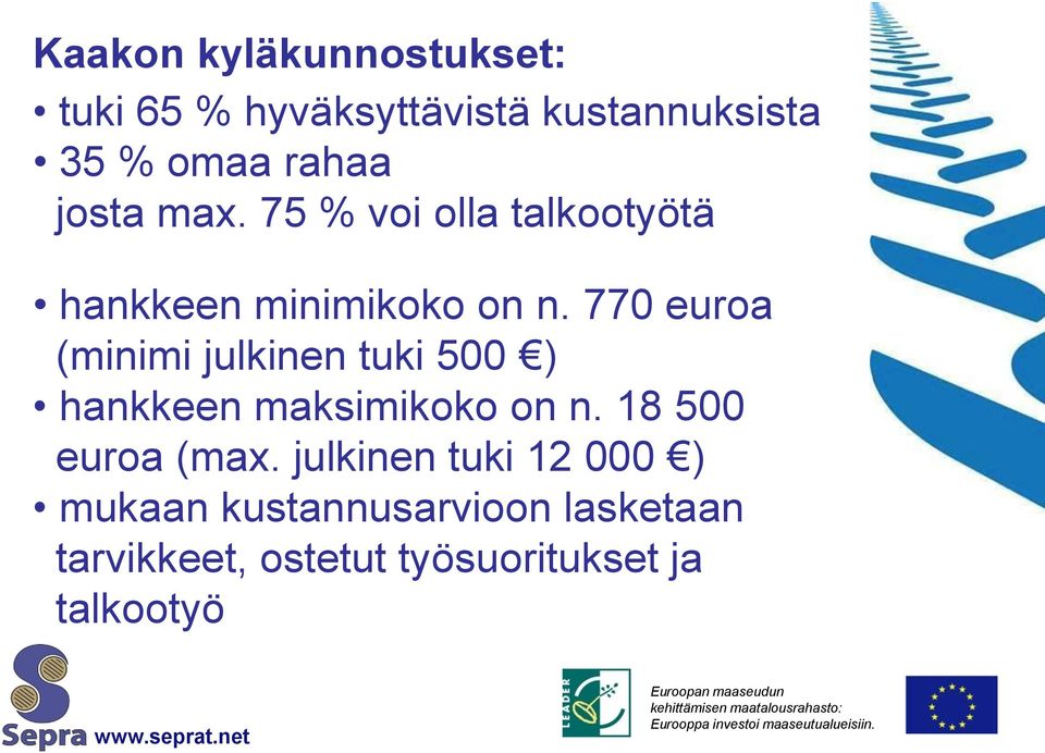 770 euroa (minimi julkinen tuki 500 ) hankkeen maksimikoko on n. 18 500 euroa (max.