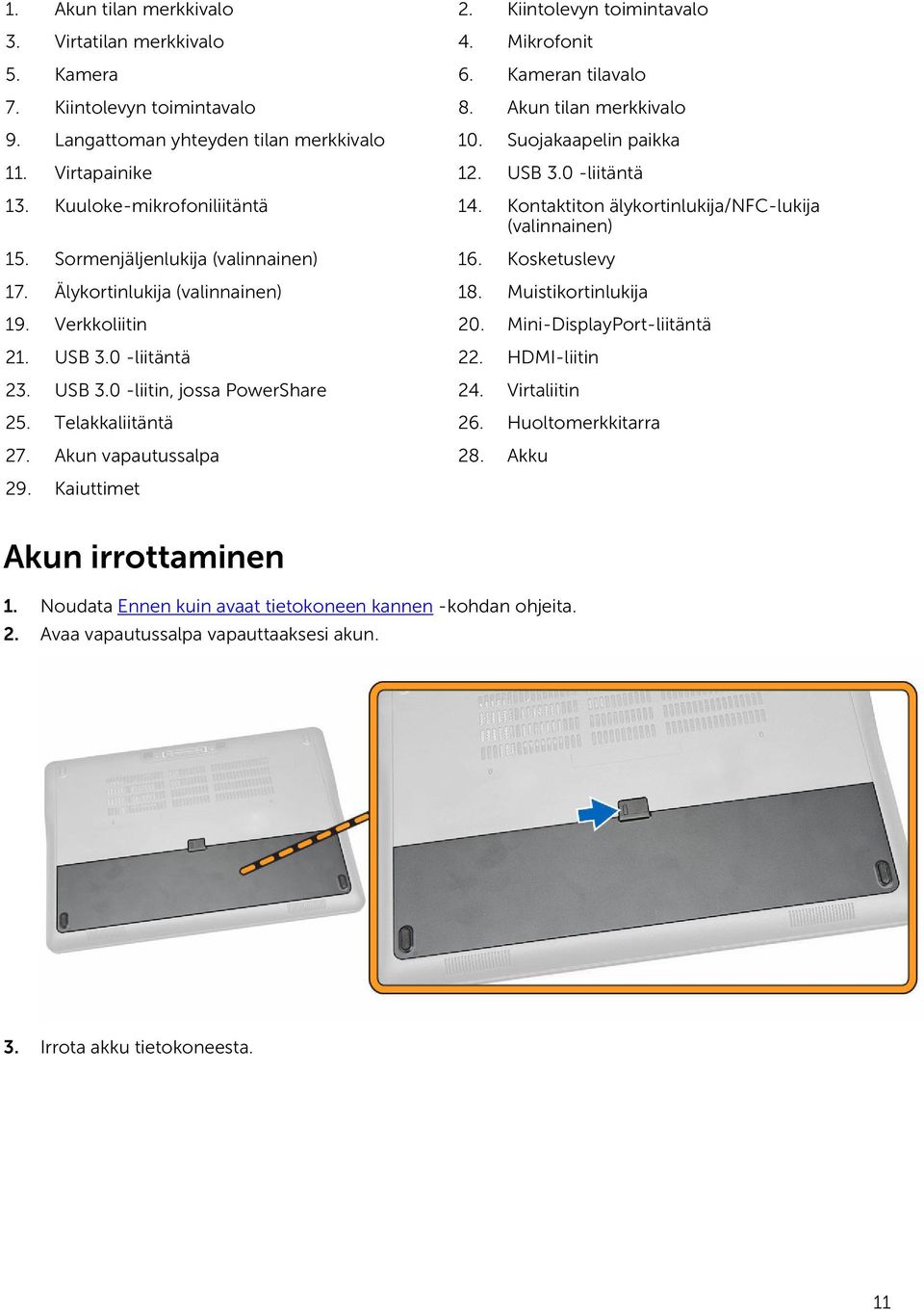 Sormenjäljenlukija (valinnainen) 16. Kosketuslevy 17. Älykortinlukija (valinnainen) 18. Muistikortinlukija 19. Verkkoliitin 20. Mini-DisplayPort-liitäntä 21. USB 3.0 -liitäntä 22. HDMI-liitin 23.