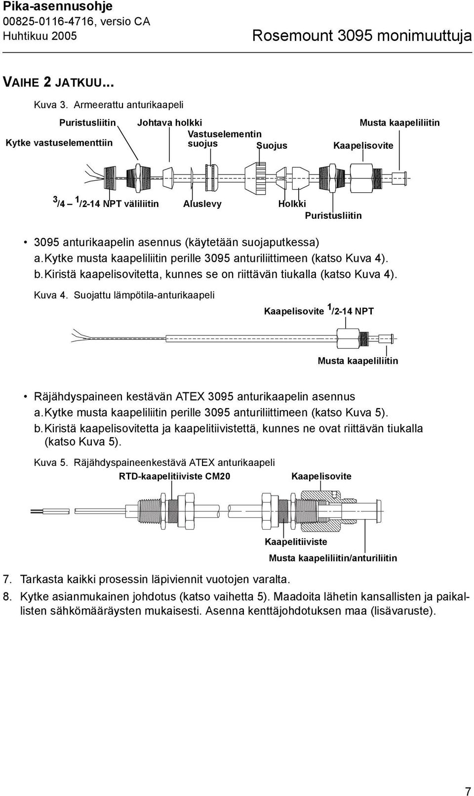 Puristusliitin 3095 anturikaapelin asennus (käytetään suojaputkessa) a.kytke musta kaapeliliitin perille 3095 anturiliittimeen (katso Kuva 4). b.