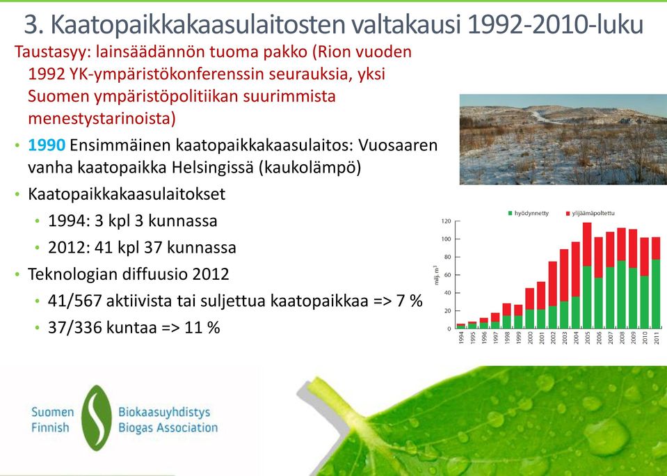 kaatopaikkakaasulaitos: Vuosaaren vanha kaatopaikka Helsingissä (kaukolämpö) Kaatopaikkakaasulaitokset 1994: 3 kpl 3