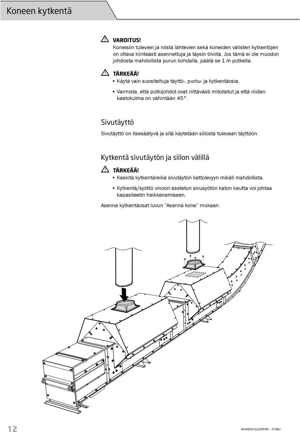 Varmista, että putkijohdot ovat riittävästi mitoitetut ja että niiden kaatokulma on vähintään 45. Sivutäyttö Sivutäyttö on itsesäätyvä ja sitä käytetään siilosta tulevaan täyttöön.