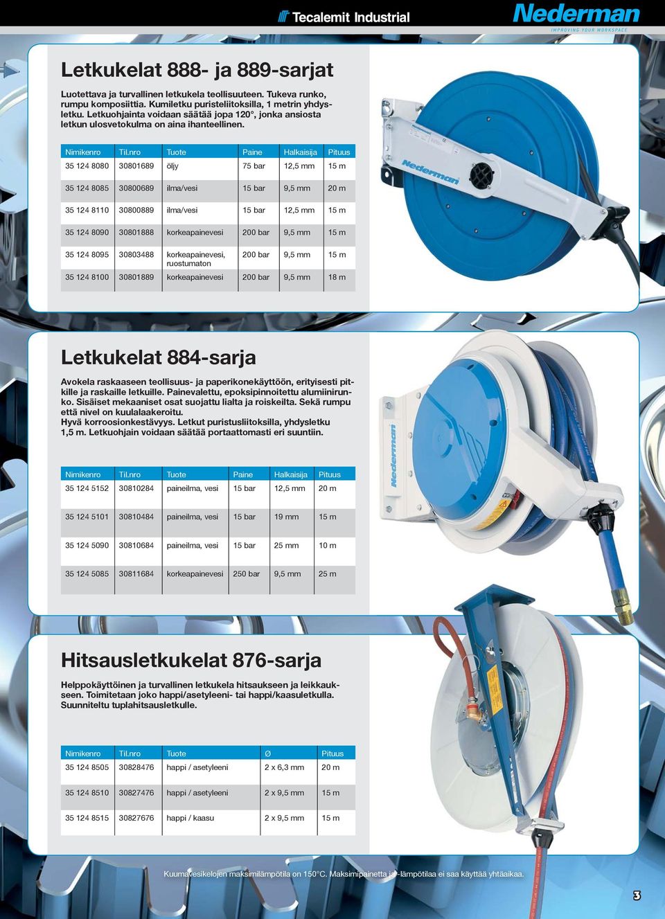 Paine Halkaisija Pituus 35 124 8080 30801689 öljy 75 bar 12,5 mm 15 m 35 124 8085 30800689 ilma/vesi 15 bar 9,5 mm 20 m 35 124 8110 30800889 ilma/vesi 15 bar 12,5 mm 15 m 35 124 8090 30801888